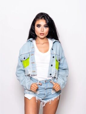 Light Blue Cropped Denim Jacket with Neon Green Accents